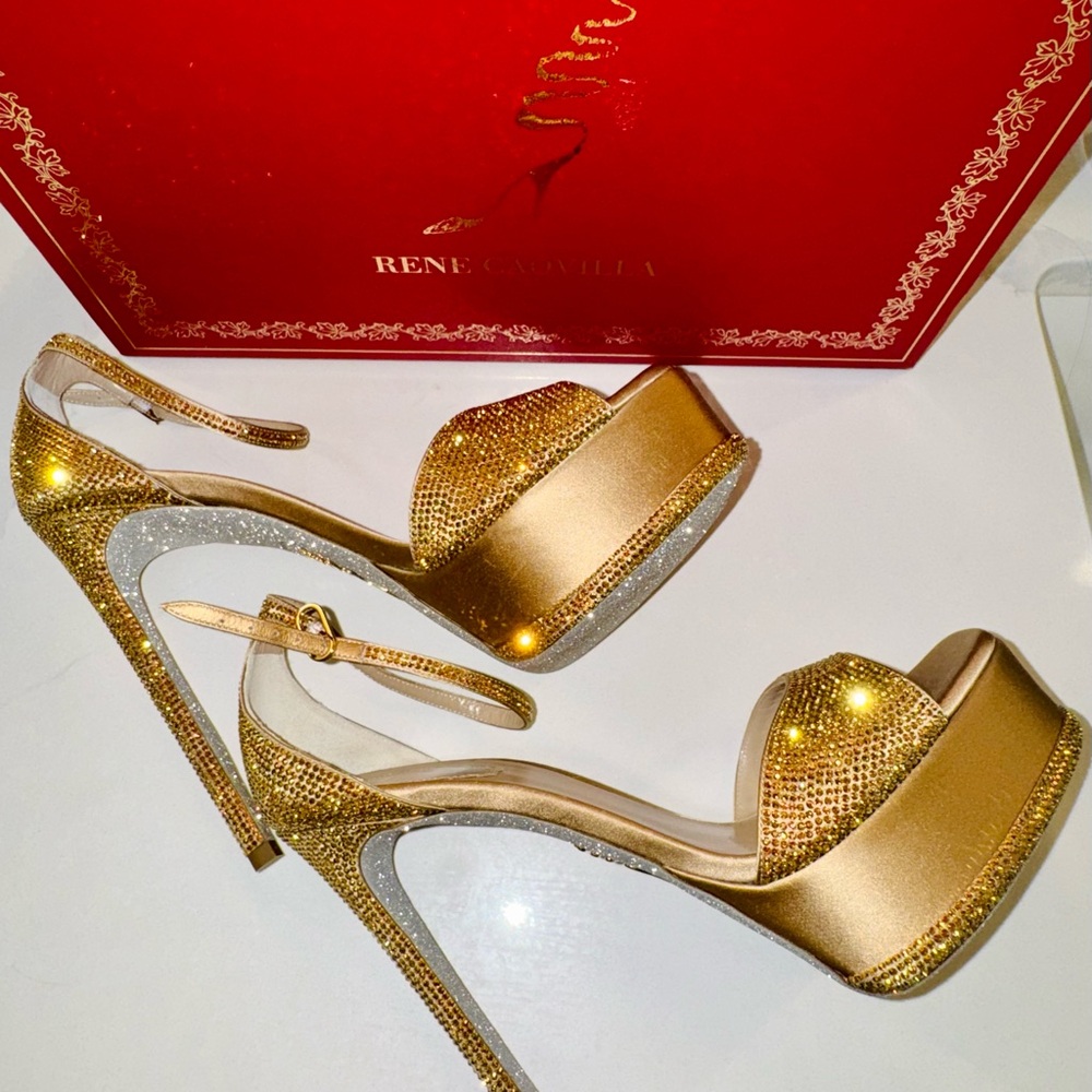 Rene Caovilla - Crystal Gold Platform Heels - New - 38 US